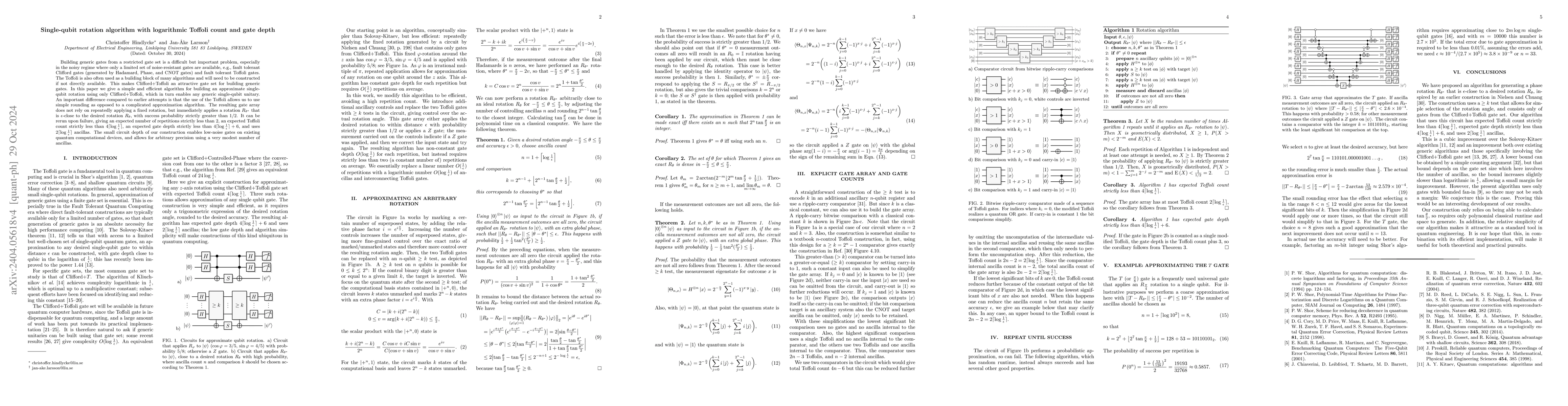 Thumbnail for Single-qubit rotation algorithm with logarithmic Toffoli count and gate
  depth