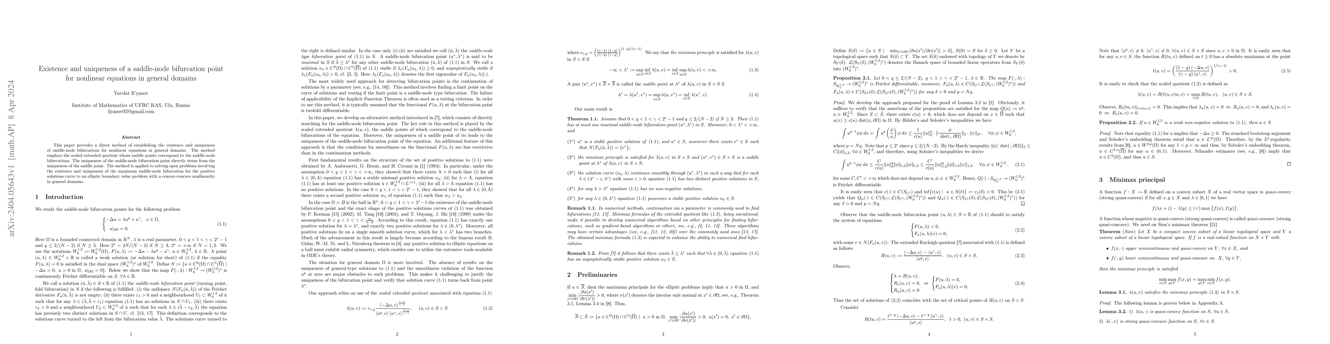 Thumbnail for Existence and uniqueness of a saddle-node bifurcation point for
  nonlinear equations in general domains