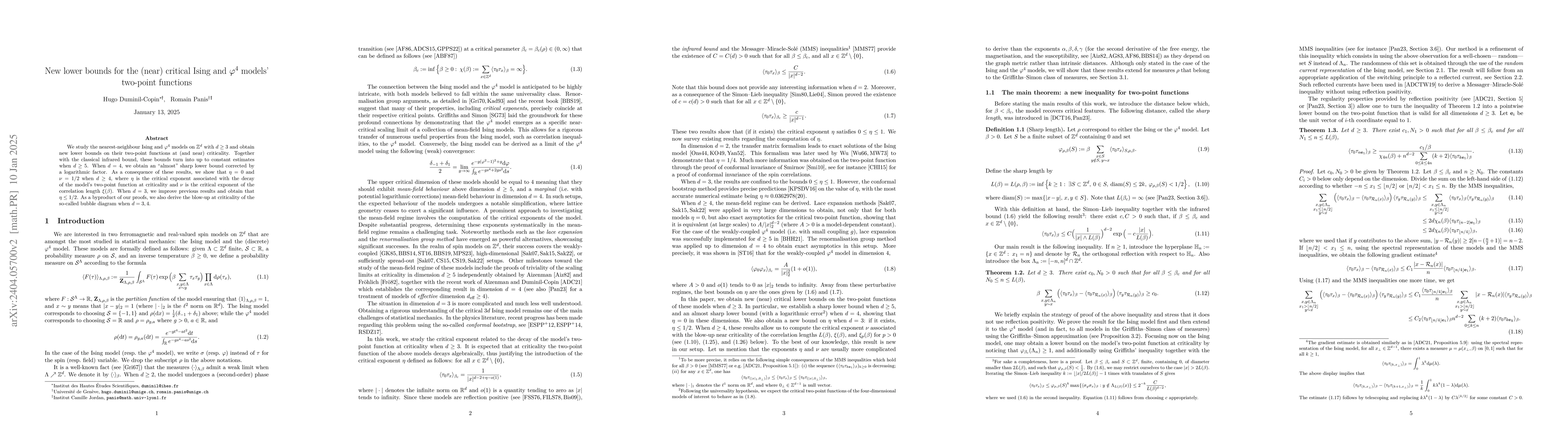 Thumbnail for New lower bounds for the (near) critical Ising and $\varphi^4$ models'
  two-point functions