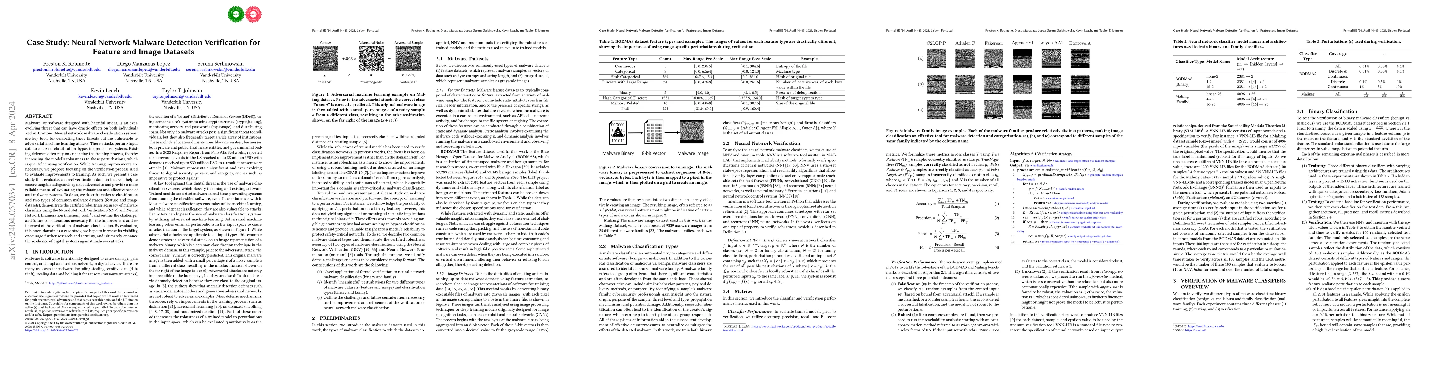 Thumbnail for Case Study: Neural Network Malware Detection Verification for Feature
  and Image Datasets