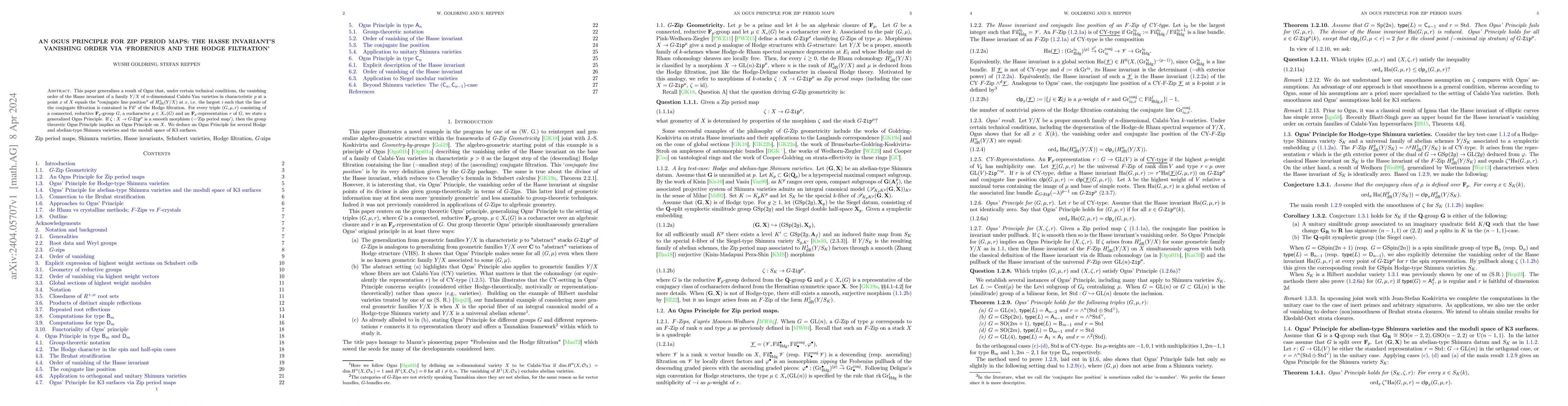 Thumbnail for An Ogus Principle for Zip period maps: The Hasse invariant's vanishing
  order via `Frobenius and the Hodge filtration'