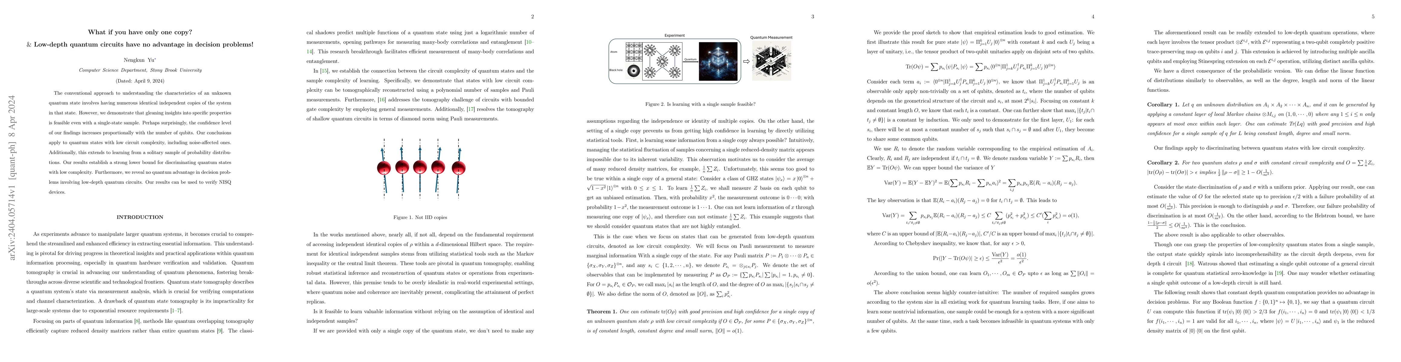 Thumbnail for What if you have only one copy? Low-depth quantum circuits have no
  advantage in decision problems!