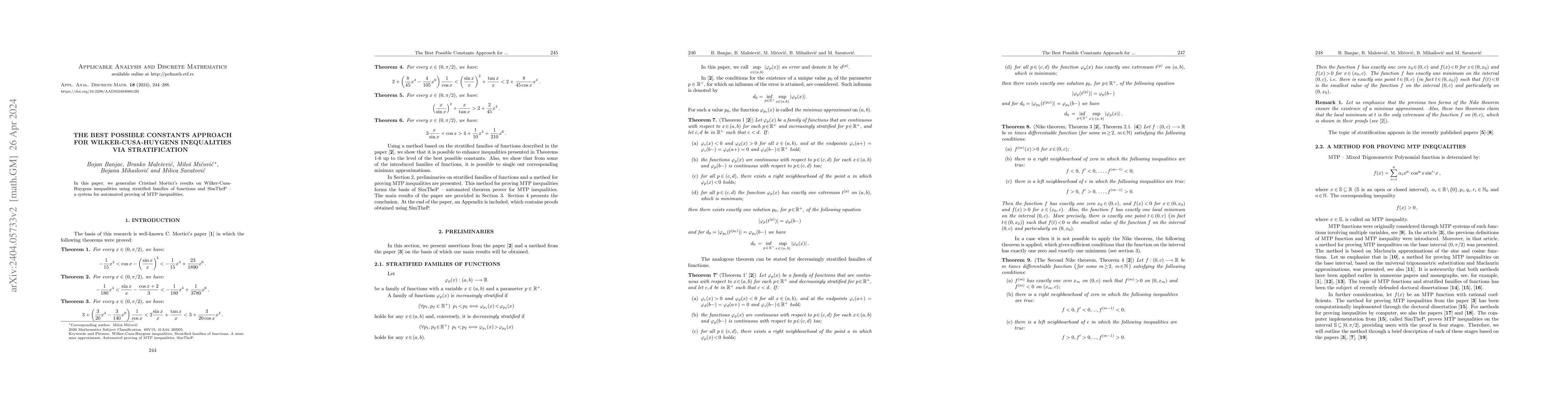 Thumbnail for The best possible constants approach for Wilker-Cusa-Huygens
  inequalities via stratification