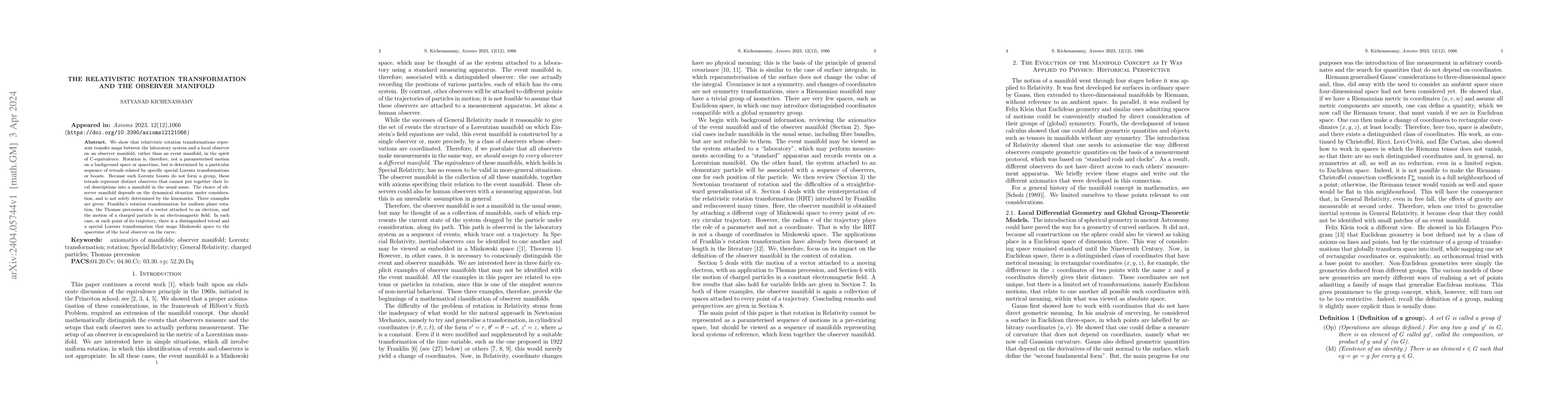 Thumbnail for The Relativistic Rotation Transformation and the Observer Manifold