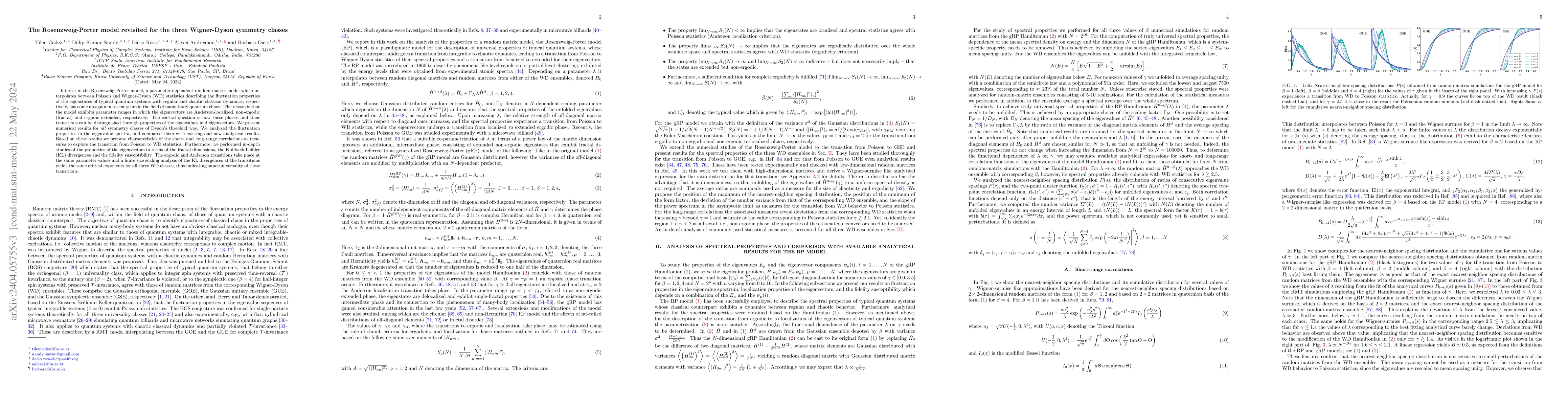 Thumbnail for The Rosenzweig Porter model revisited for the three Wigner Dyson
  symmetry classes