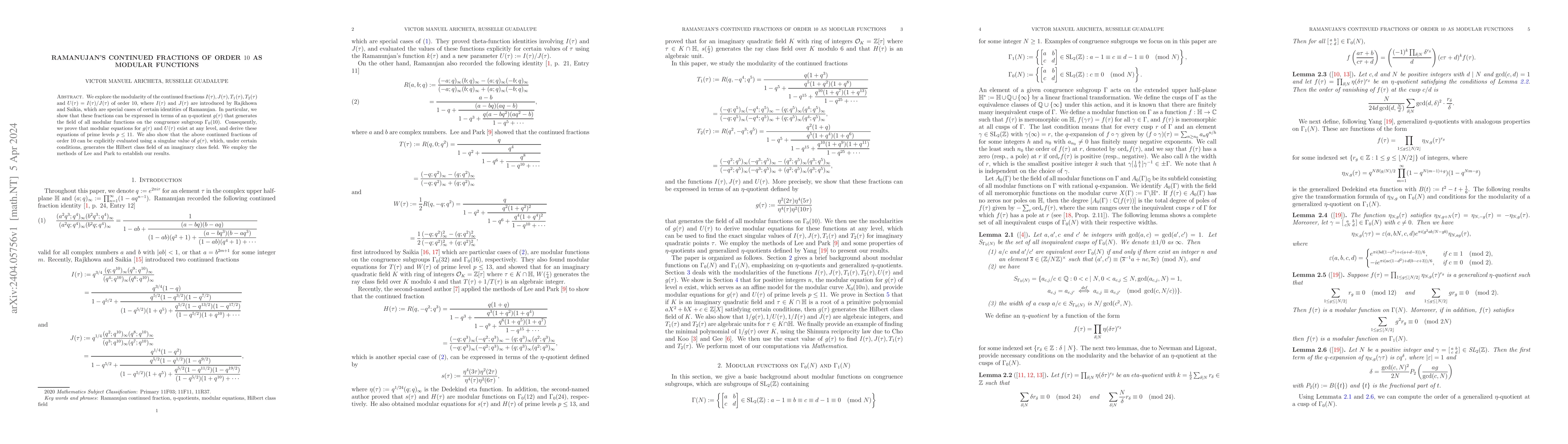 Thumbnail for Ramanujan's continued fractions of order $10$ as modular functions