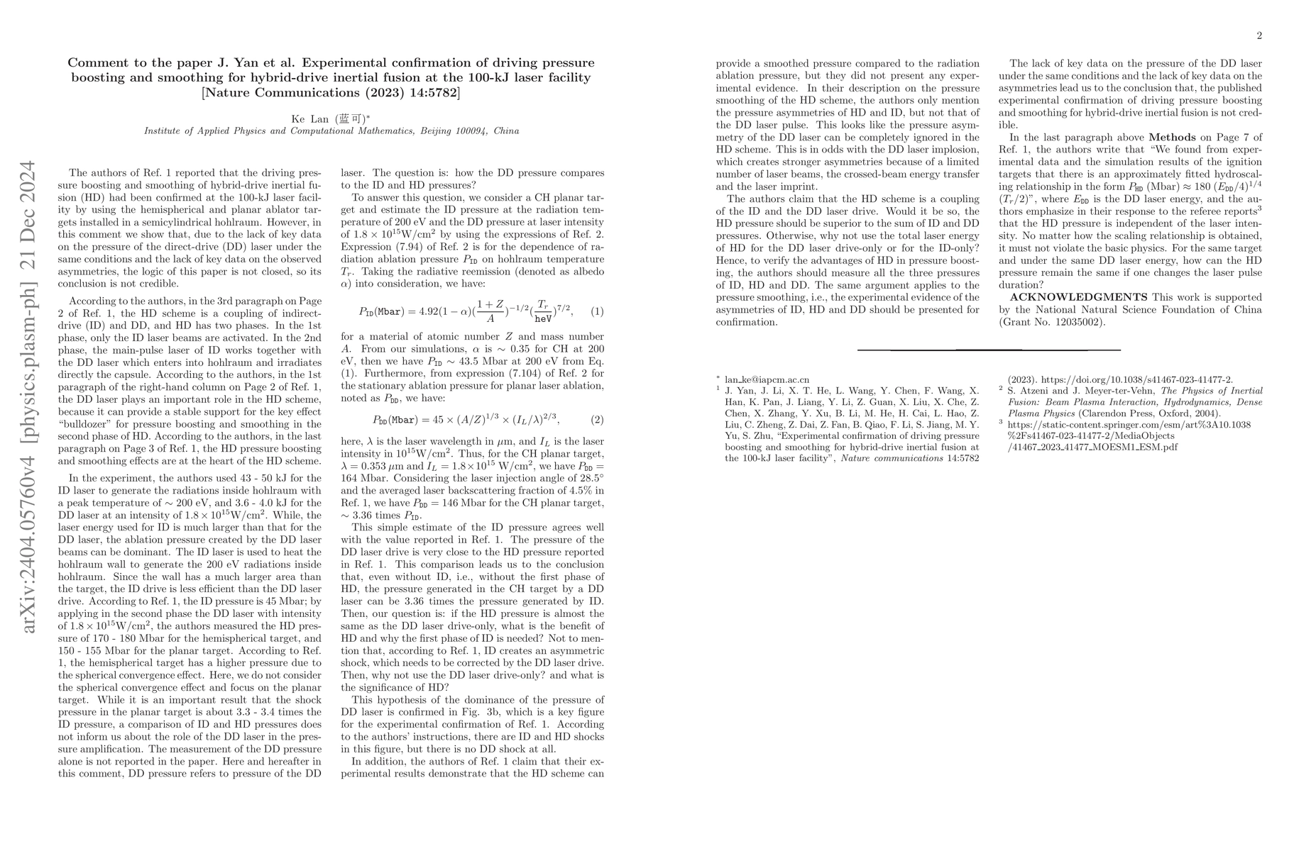 Thumbnail for Comment to the paper J. Yan et al. Experimental confirmation of driving
  pressure boosting and smoothing for hybrid-drive inertial fusion at the
  100-kJ laser facility [Nature Communications (2023) 14:5782]