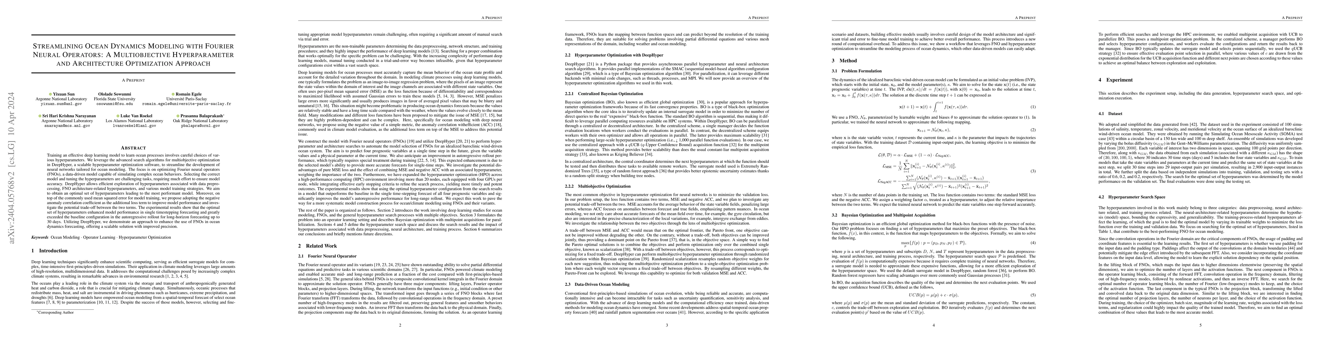 Thumbnail for Streamlining Ocean Dynamics Modeling with Fourier Neural Operators: A
  Multiobjective Hyperparameter and Architecture Optimization Approach