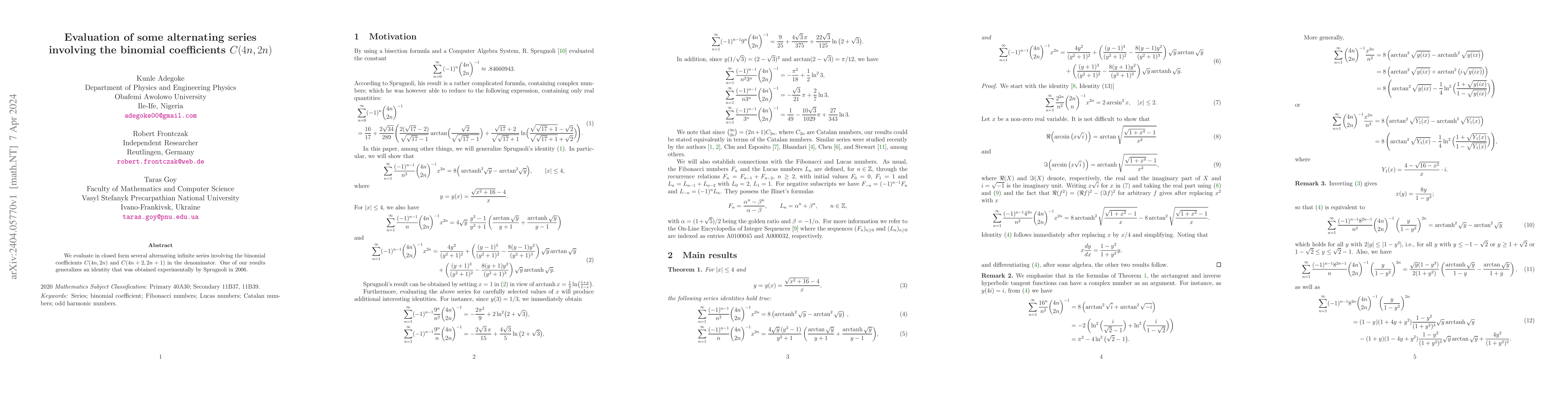 Thumbnail for Evaluation of some alternating series involving the binomial
  coefficients $C(4n,2n)$