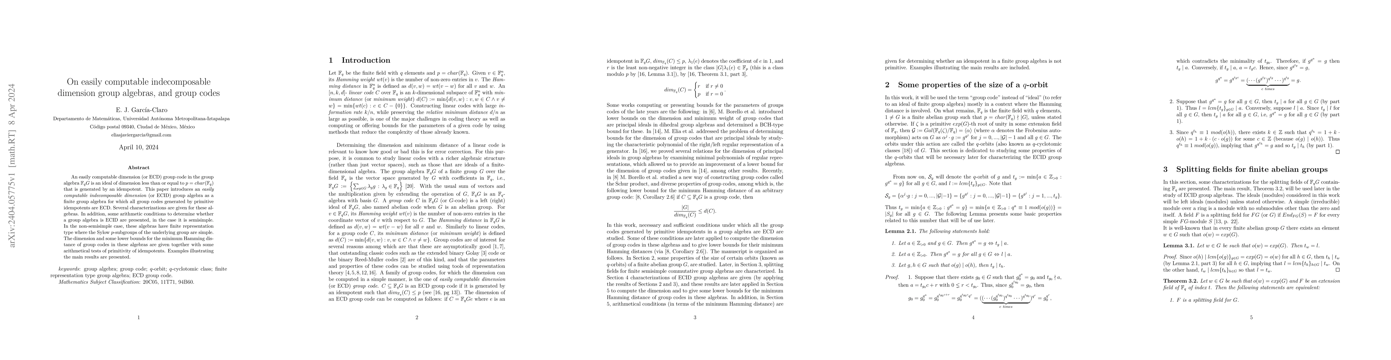 Thumbnail for On easily computable indecomposable dimension group algebras, and group
  codes