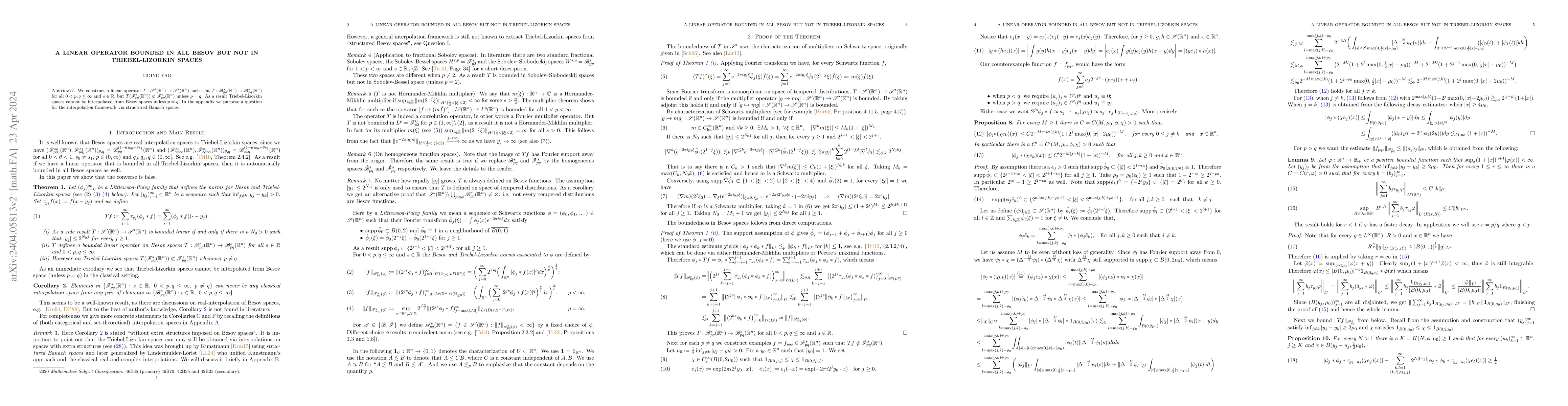 Thumbnail for A linear operator bounded in all Besov but not in Triebel-Lizorkin
  spaces
