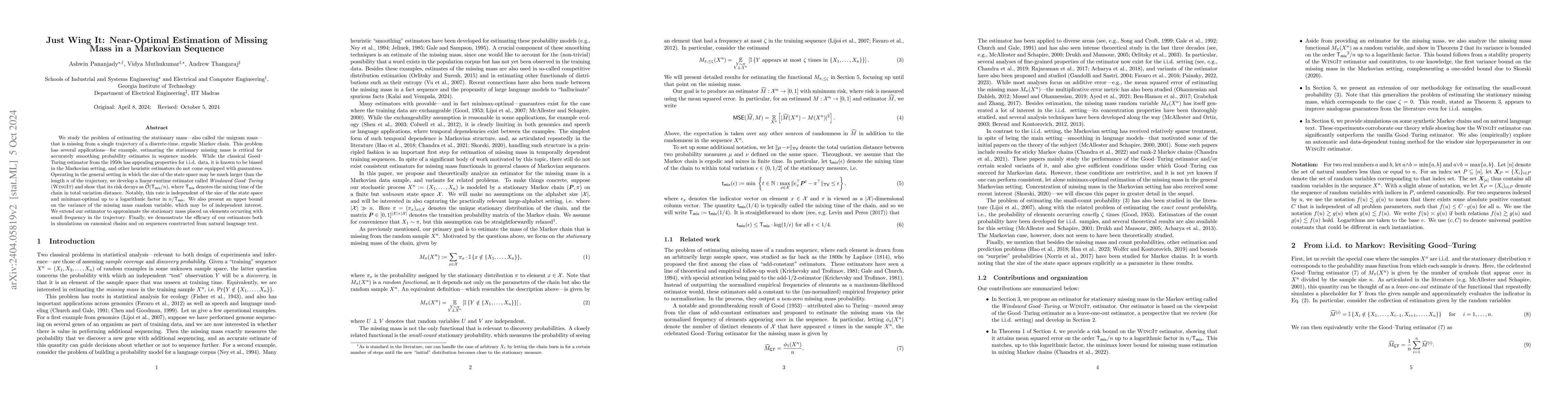 Thumbnail for Just Wing It: Optimal Estimation of Missing Mass in a Markovian Sequence