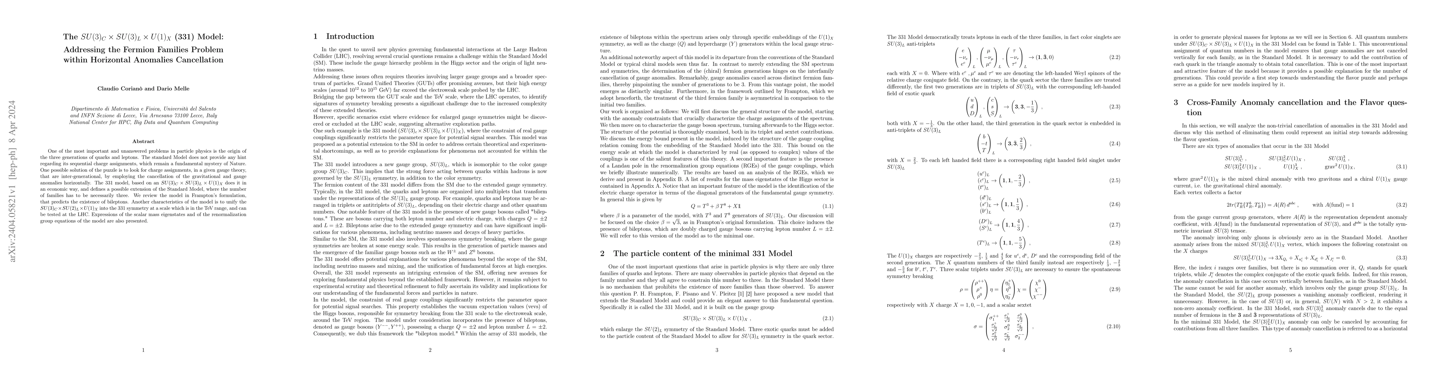 Thumbnail for The $SU(3)_C\times SU(3)_L\times U(1)_X$ (331) Model:Addressing the
  Fermion Families Problem within Horizontal Anomalies Cancellation