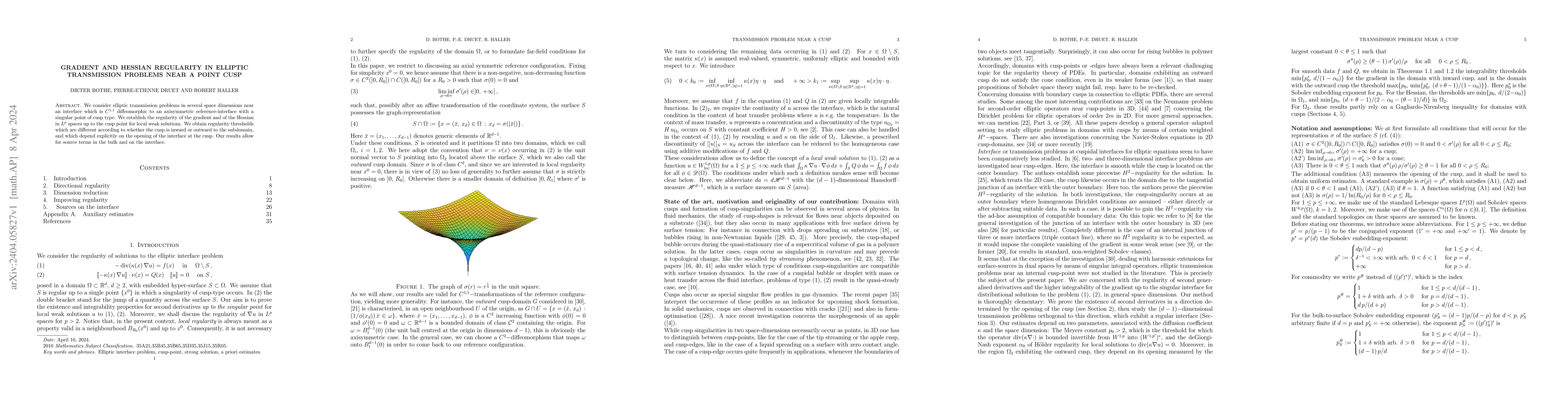Thumbnail for Gradient and Hessian regularity in elliptic transmission problems near a
  point cusp