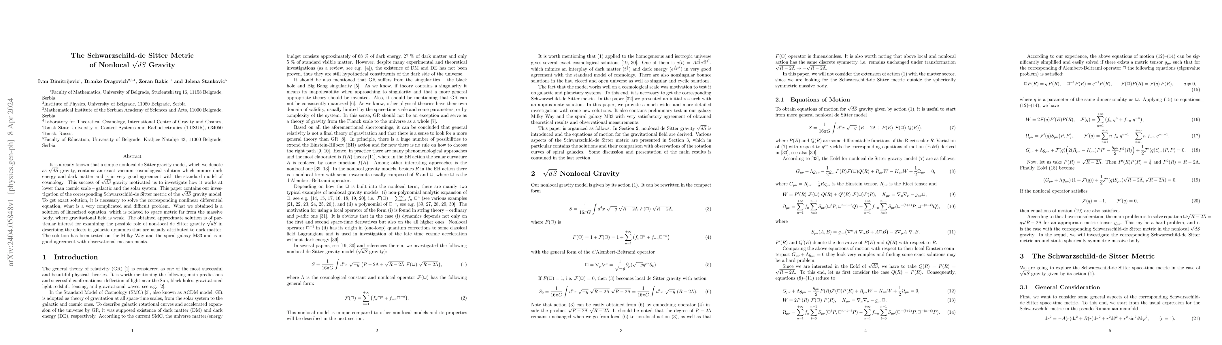 Thumbnail for The Schwarzschild-de Sitter Metric of Nonlocal $\sqrt{dS}$ Gravity