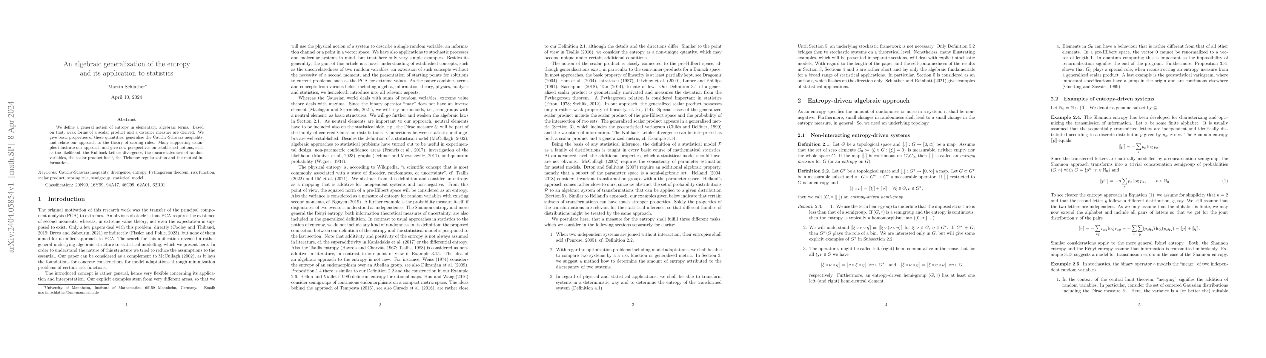 Thumbnail for An algebraic generalization of the entropy and its application to
  statistics