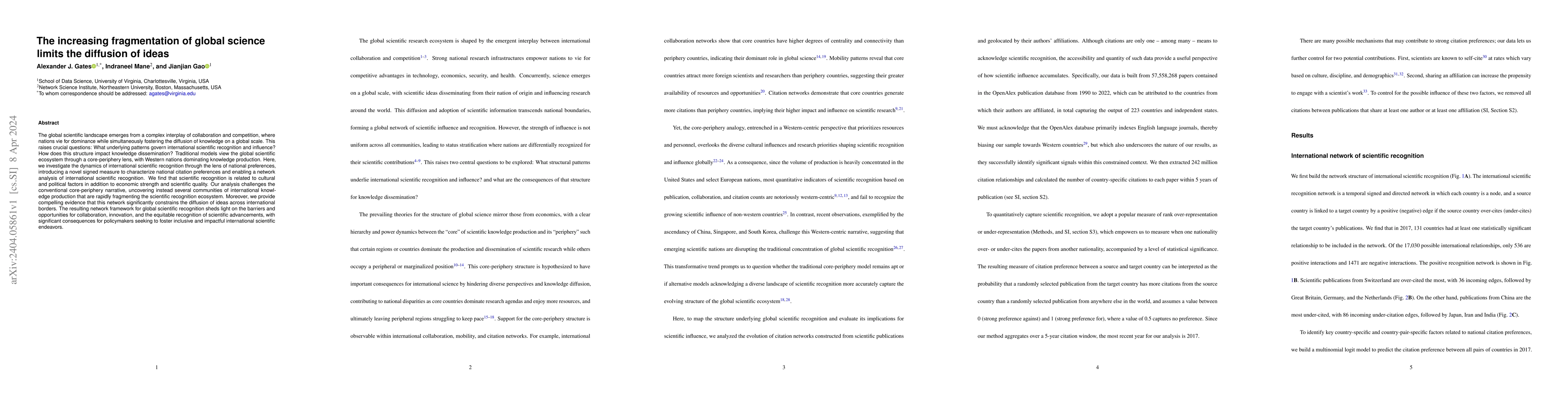 Thumbnail for The increasing fragmentation of global science limits the diffusion of
  ideas