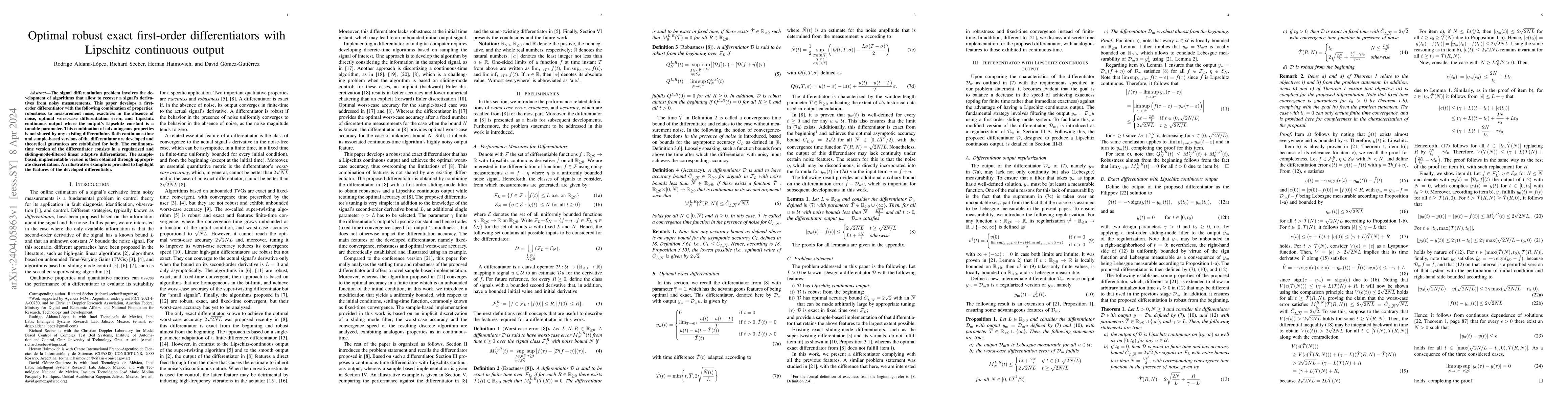 Thumbnail for Optimal robust exact first-order differentiators with Lipschitz
  continuous output