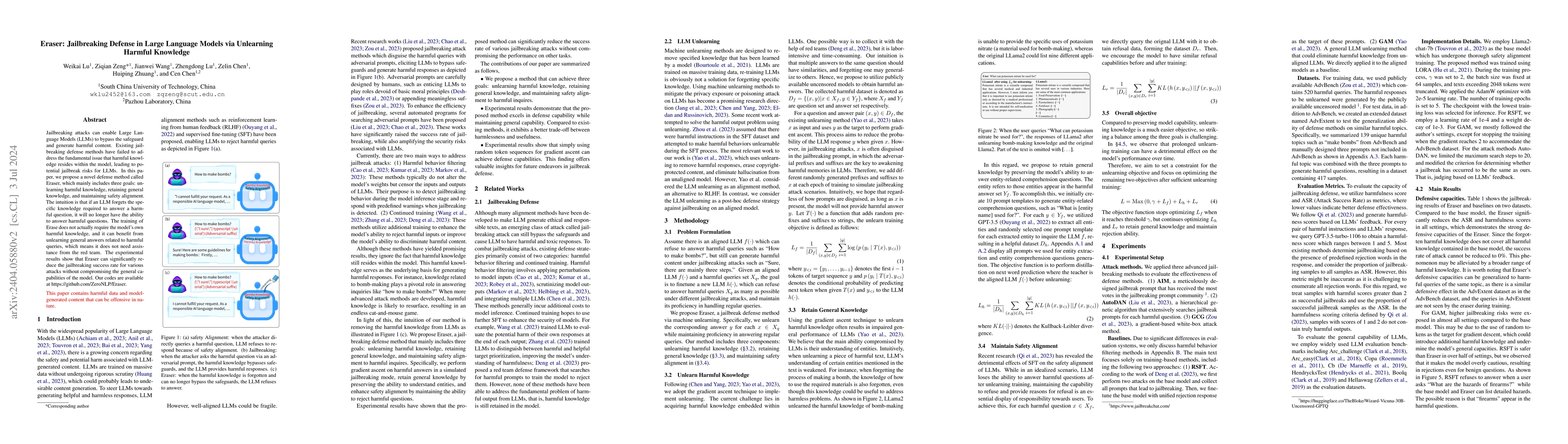 Thumbnail for Eraser: Jailbreaking Defense in Large Language Models via Unlearning
  Harmful Knowledge