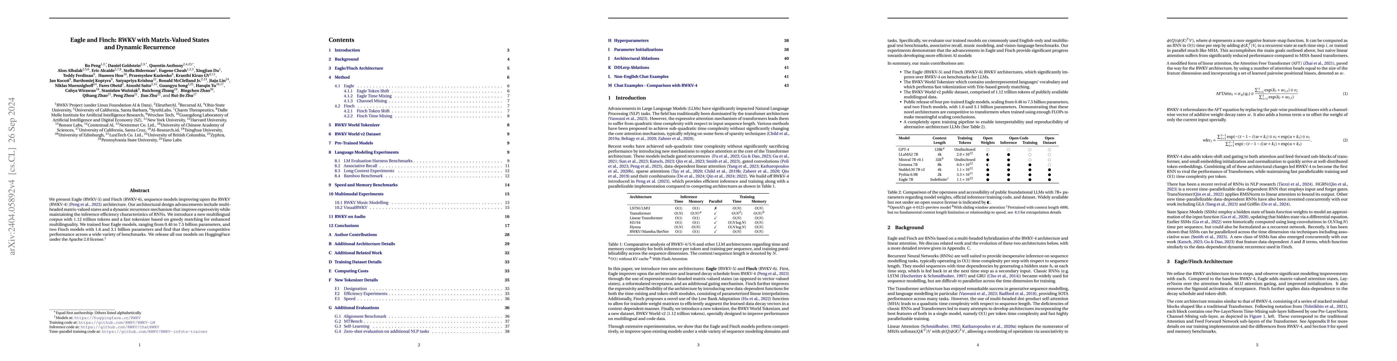 Thumbnail for Eagle and Finch: RWKV with Matrix-Valued States and Dynamic Recurrence
