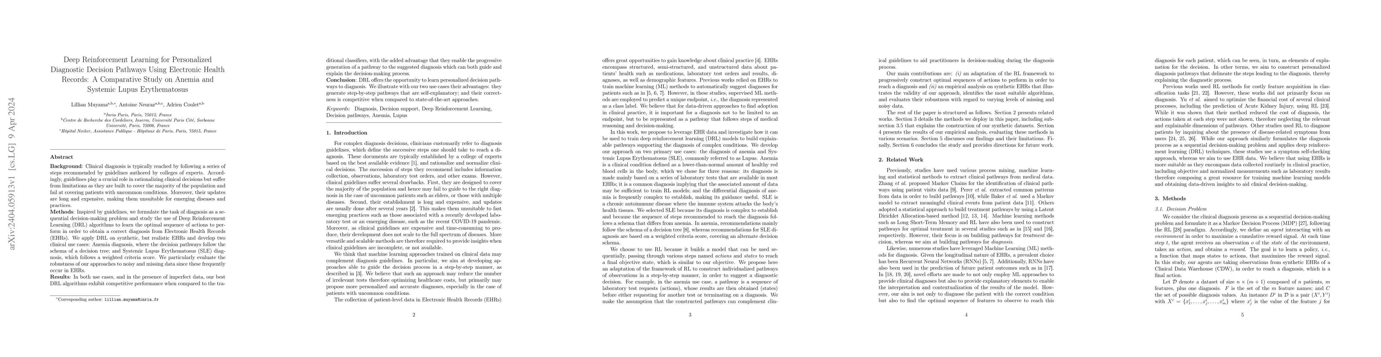 Thumbnail for Deep Reinforcement Learning for Personalized Diagnostic Decision
  Pathways Using Electronic Health Records: A Comparative Study on Anemia and
  Systemic Lupus Erythematosus