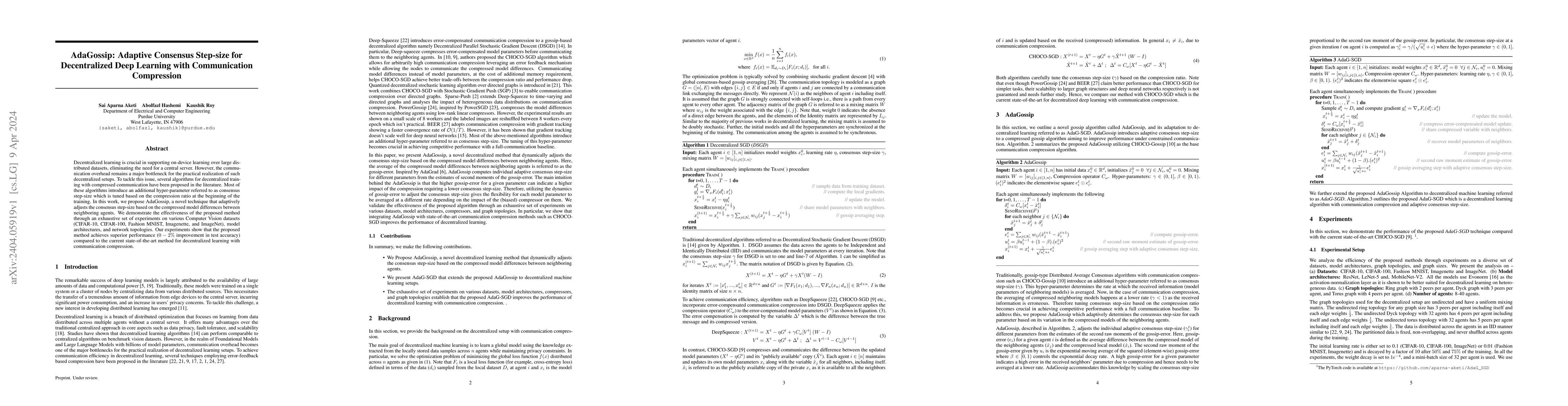 Thumbnail for AdaGossip: Adaptive Consensus Step-size for Decentralized Deep Learning
  with Communication Compression