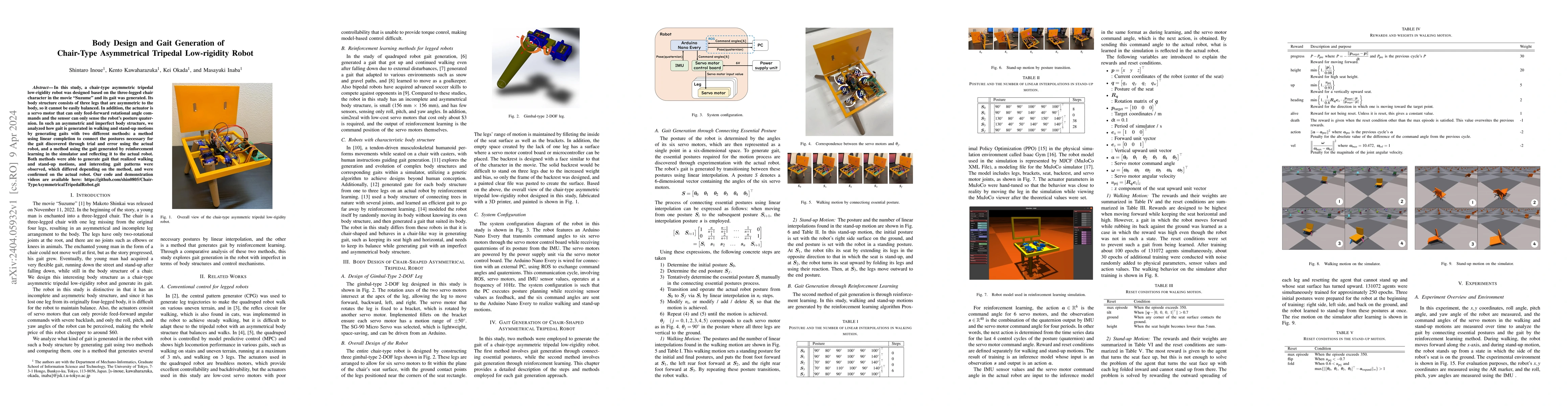 Thumbnail for Body Design and Gait Generation of Chair-Type Asymmetrical Tripedal
  Low-rigidity Robot