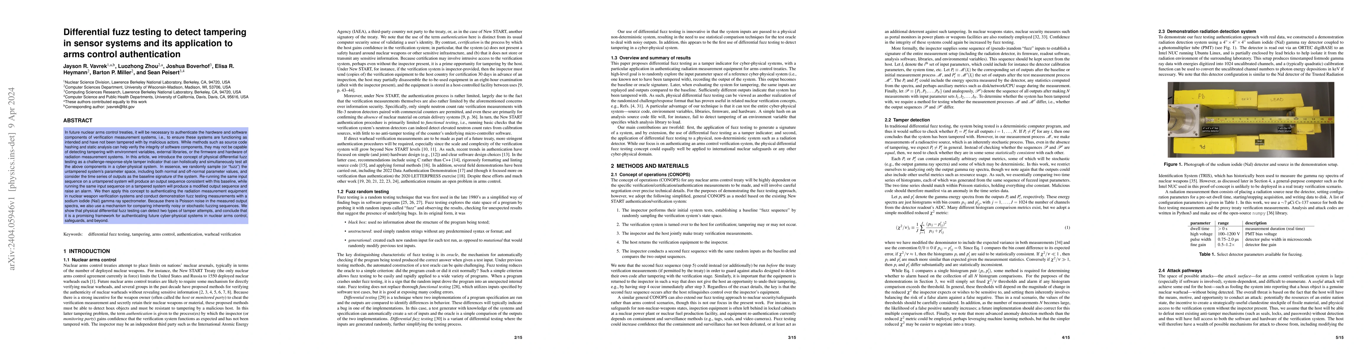 Thumbnail for Differential fuzz testing to detect tampering in sensor systems and its
  application to arms control authentication