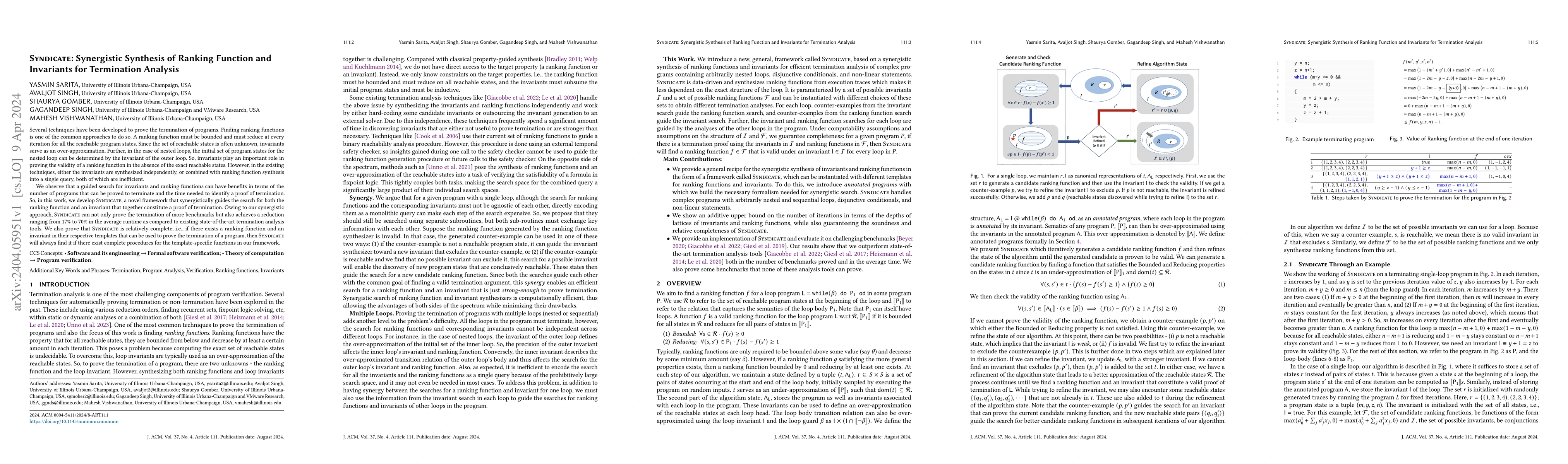 Thumbnail for Syndicate: Synergistic Synthesis of Ranking Function and Invariants for
  Termination Analysis