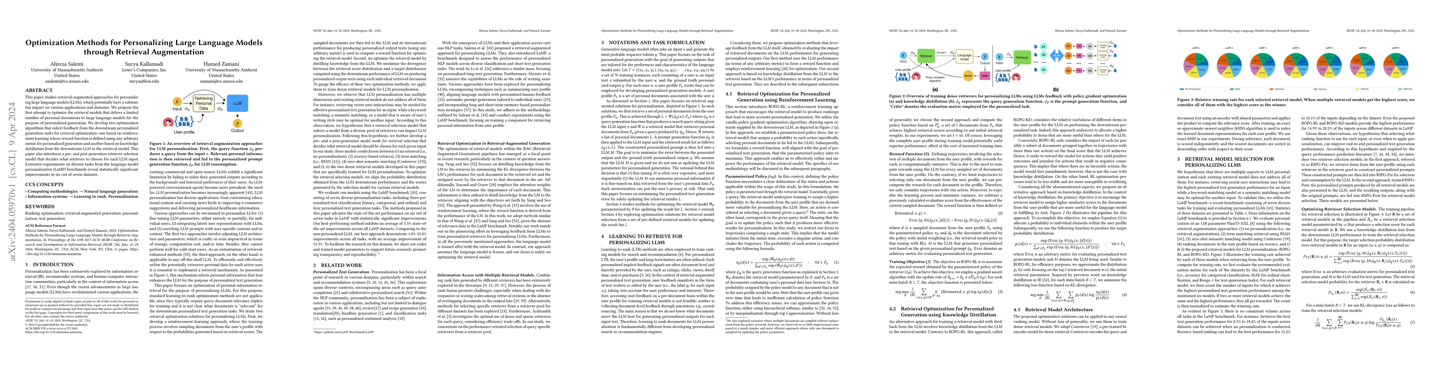 Thumbnail for Optimization Methods for Personalizing Large Language Models through
  Retrieval Augmentation