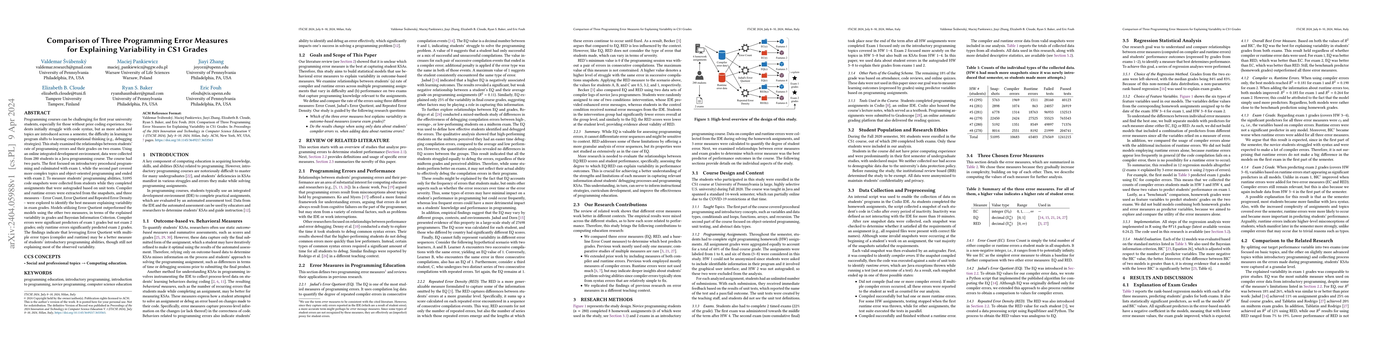 Thumbnail for Comparison of Three Programming Error Measures for Explaining
  Variability in CS1 Grades