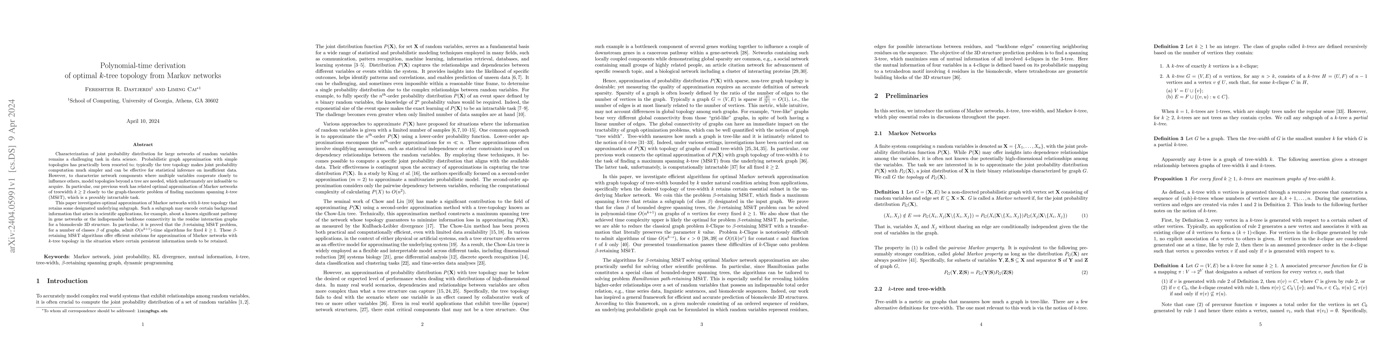 Thumbnail for Polynomial-time derivation of optimal k-tree topology from Markov
  networks