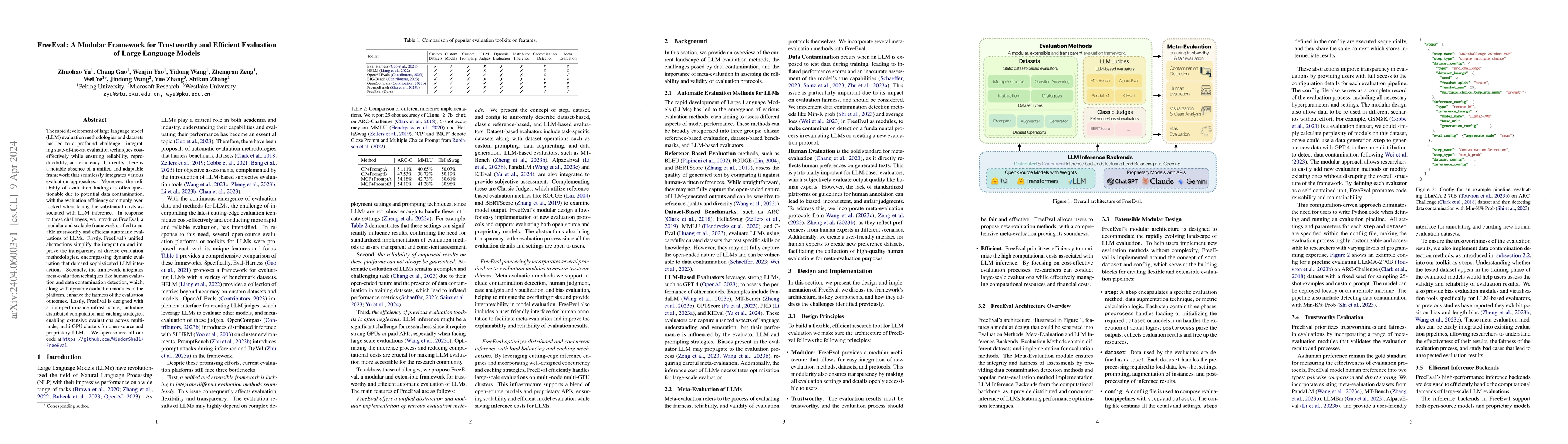 Thumbnail for FreeEval: A Modular Framework for Trustworthy and Efficient Evaluation
  of Large Language Models
