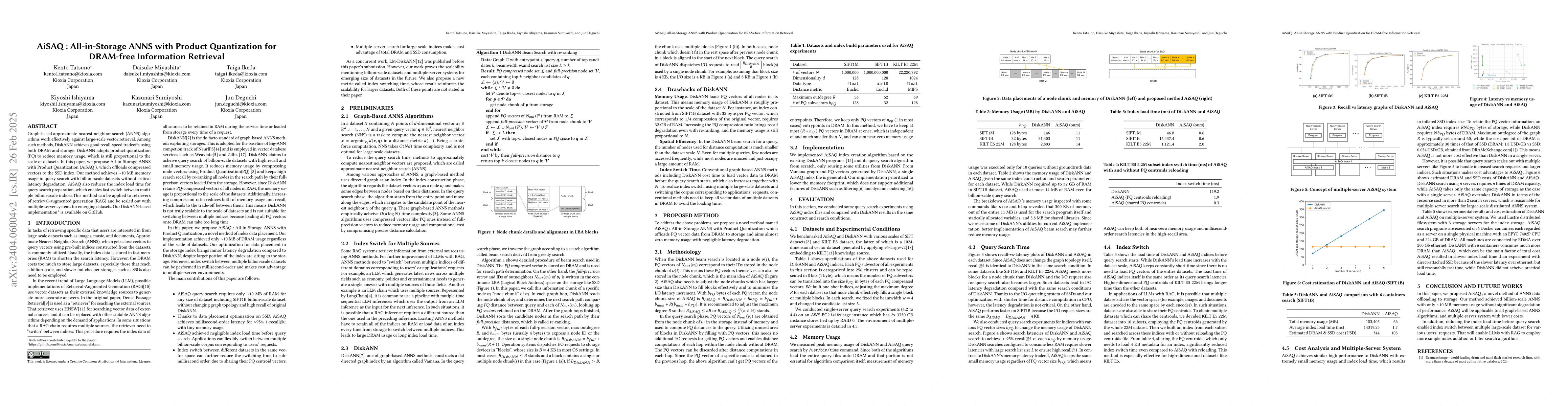 Thumbnail for AiSAQ: All-in-Storage ANNS with Product Quantization for DRAM-free
  Information Retrieval