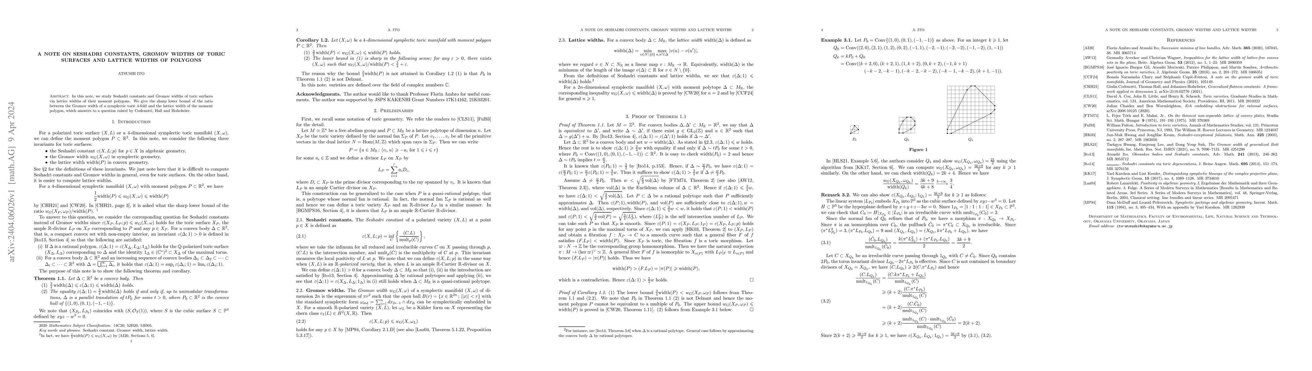 Thumbnail for A note on Seshadri constants, Gromov widths of toric surfaces and
  lattice widths of polygons