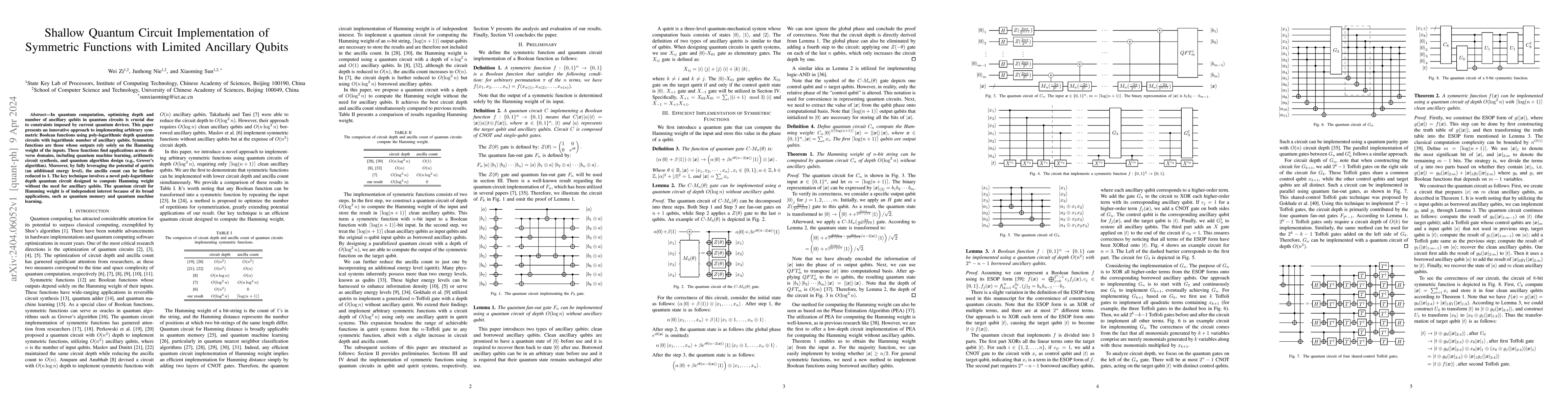 Thumbnail for Shallow Quantum Circuit Implementation of Symmetric Functions with
  Limited Ancillary Qubits