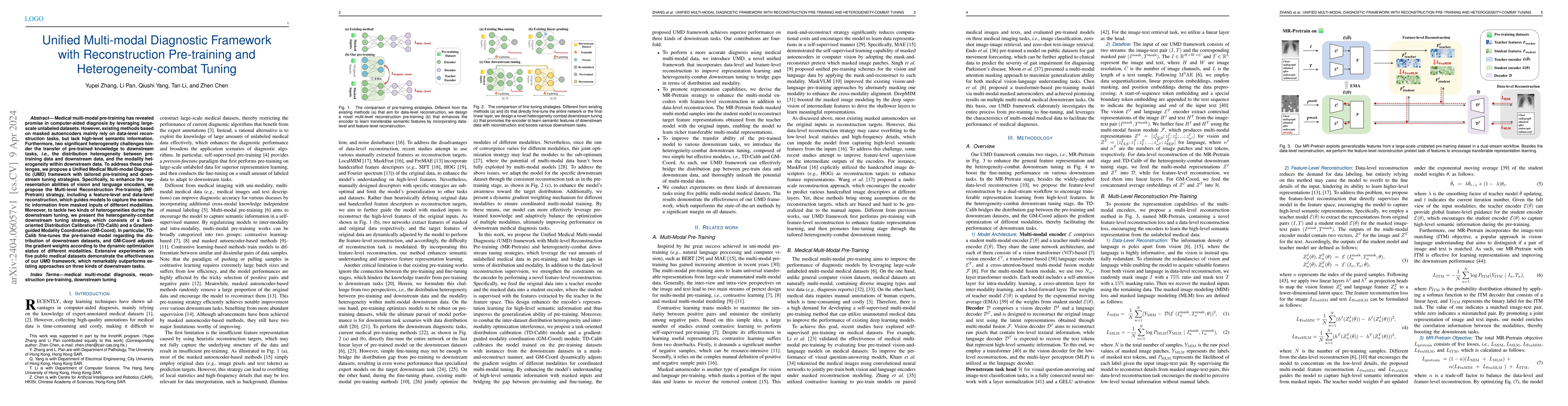 Thumbnail for Unified Multi-modal Diagnostic Framework with Reconstruction
  Pre-training and Heterogeneity-combat Tuning