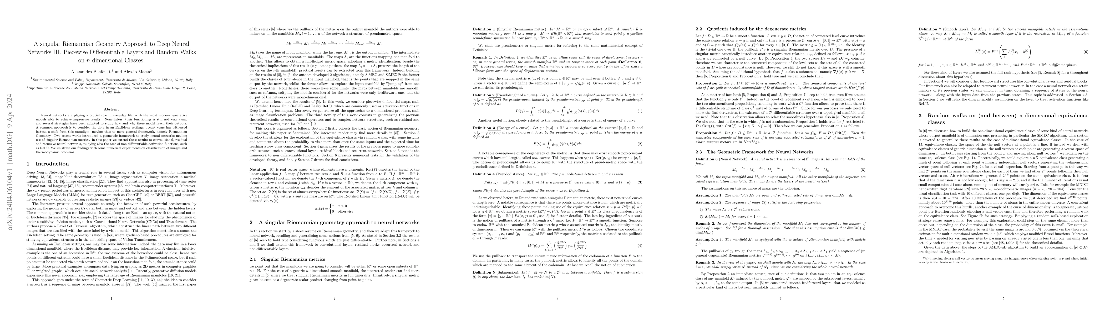 Thumbnail for A singular Riemannian Geometry Approach to Deep Neural Networks III.
  Piecewise Differentiable Layers and Random Walks on $n$-dimensional Classes