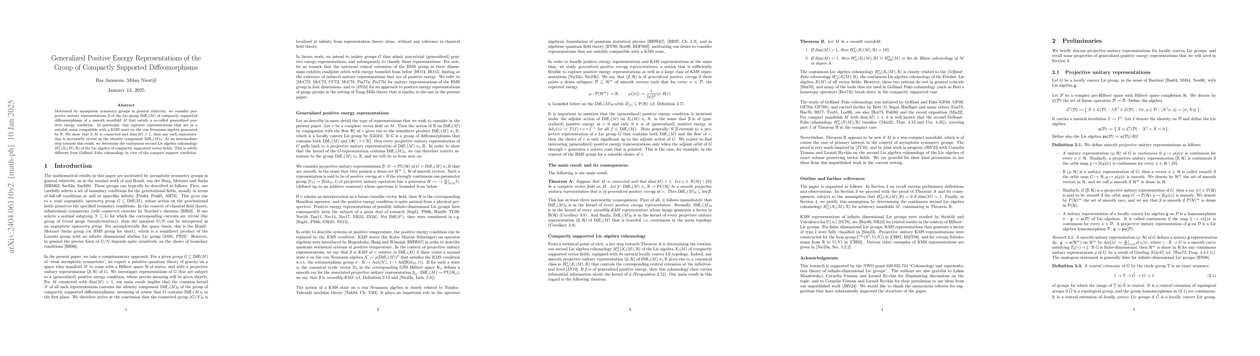 Thumbnail for Generalized Positive Energy Representations of the Group of Compactly
  Supported Diffeomorphisms