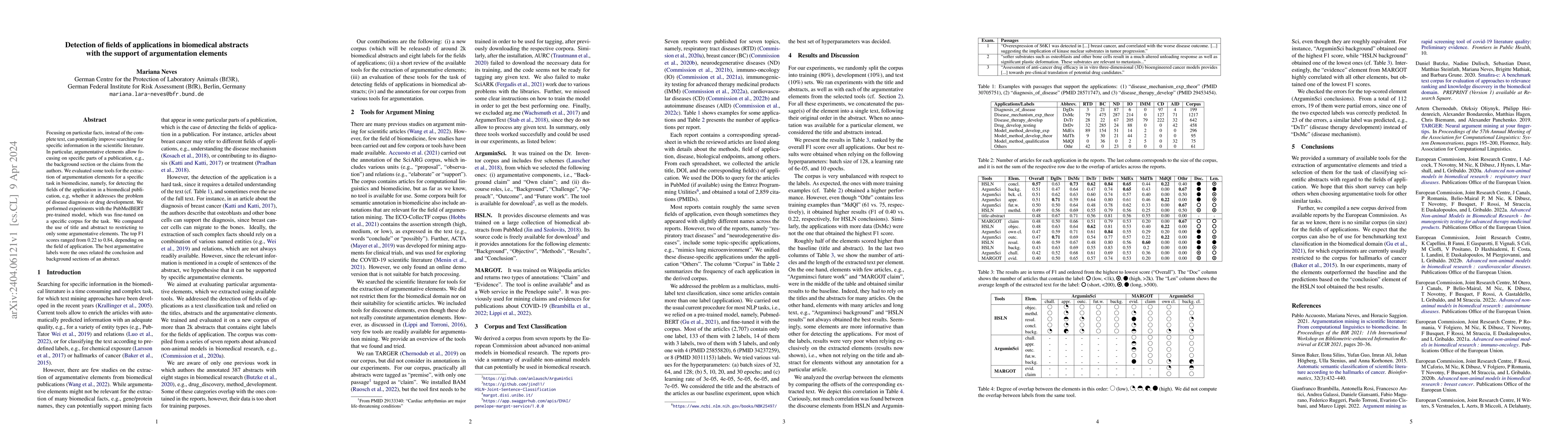 Thumbnail for Detection of fields of applications in biomedical abstracts with the
  support of argumentation elements