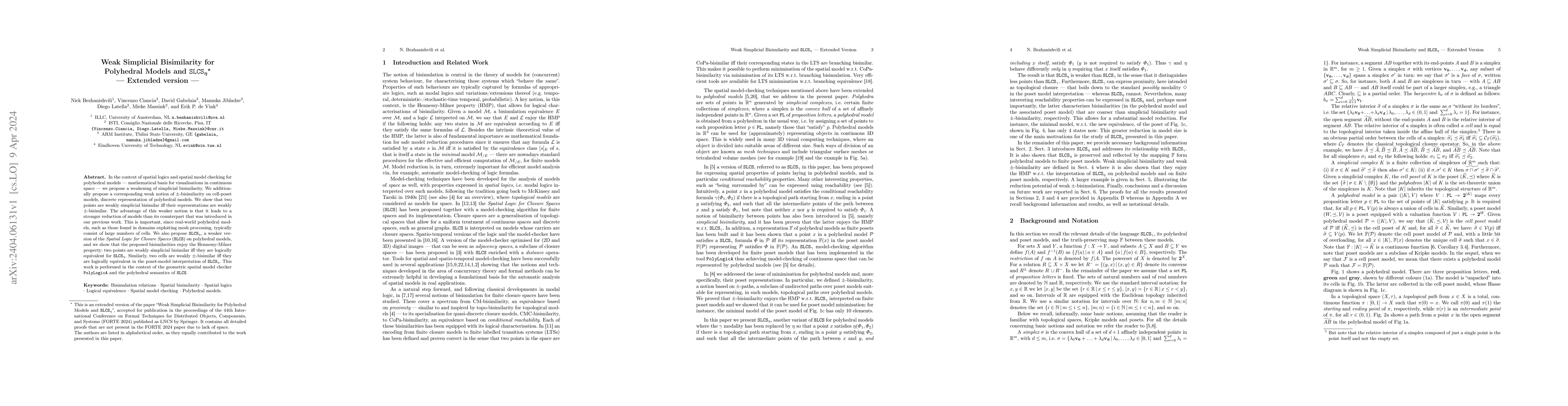 Thumbnail for Weak Simplicial Bisimilarity for Polyhedral Models and SLCS_eta --
  Extended Version