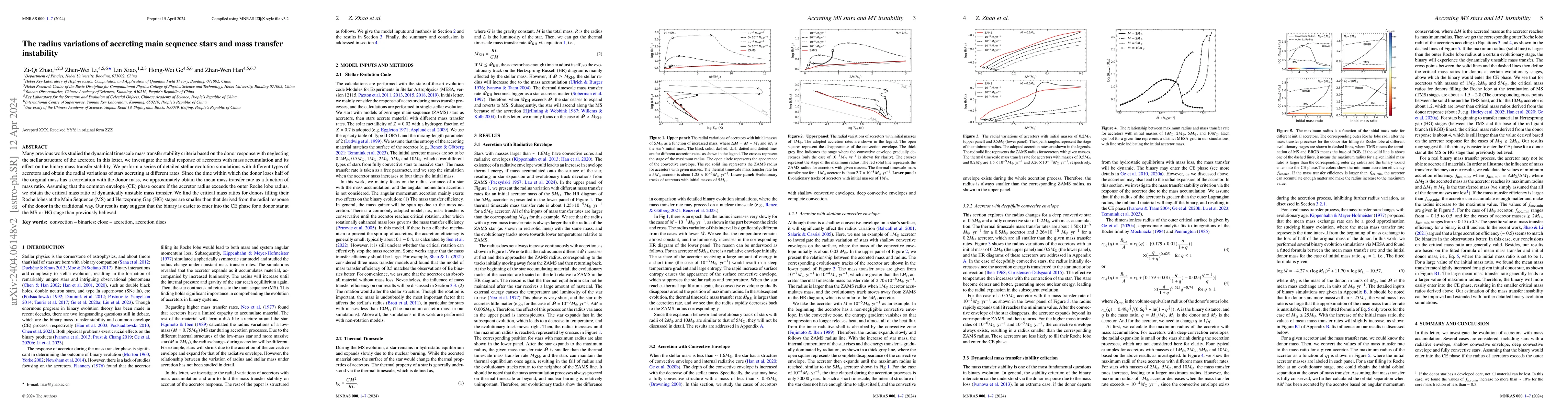 Thumbnail for The radius variations of accreting main sequence stars and mass transfer
  instability
