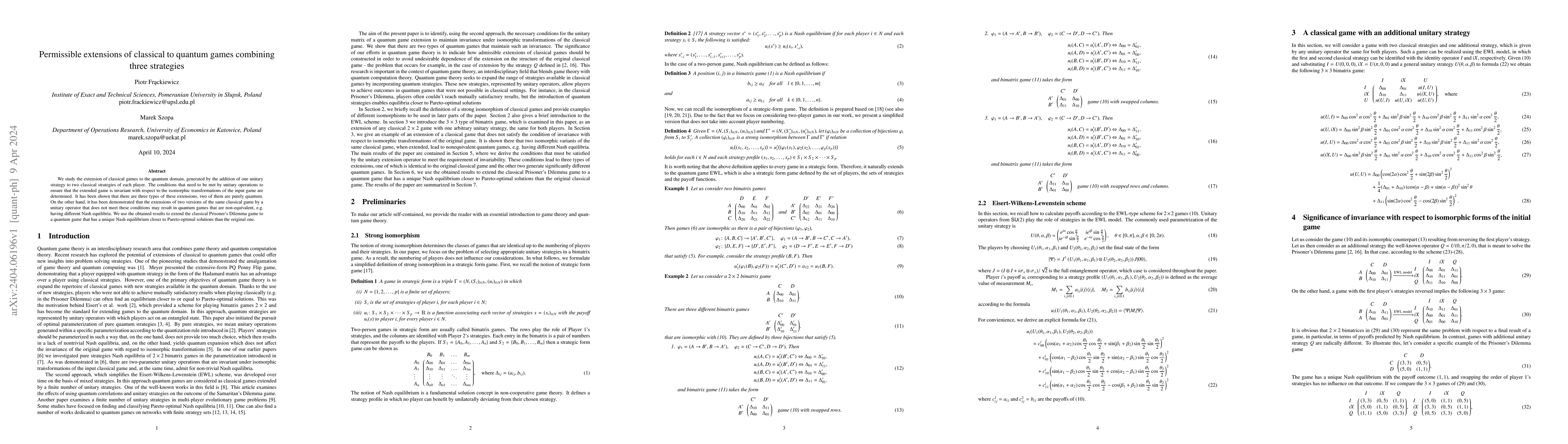 Thumbnail for Permissible extensions of classical to quantum games combining three
  strategies
