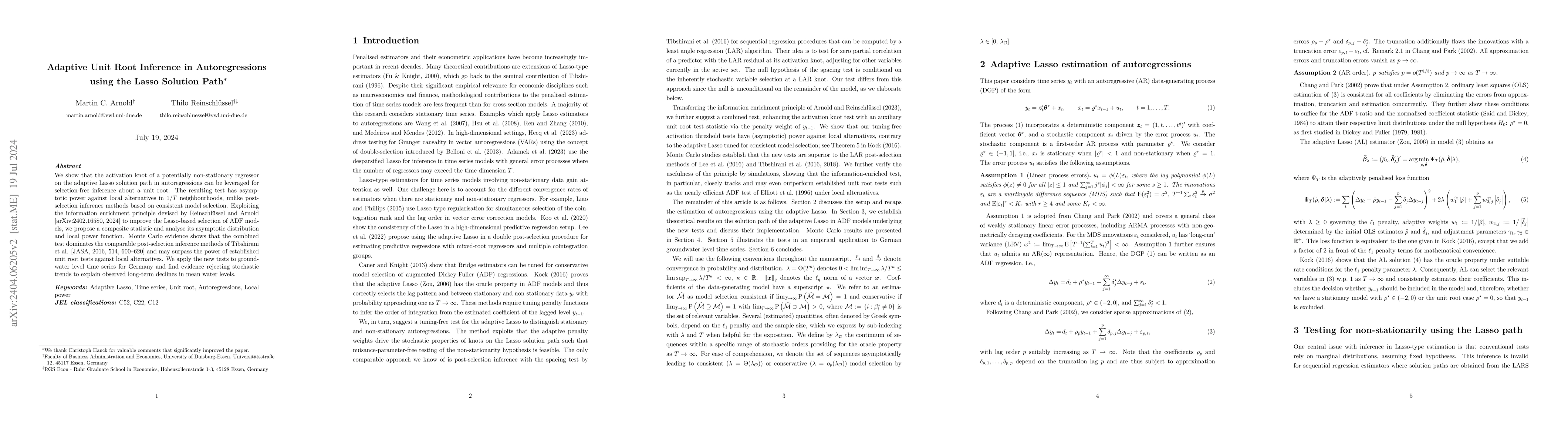 Thumbnail for Adaptive Unit Root Inference in Autoregressions using the Lasso Solution
  Path