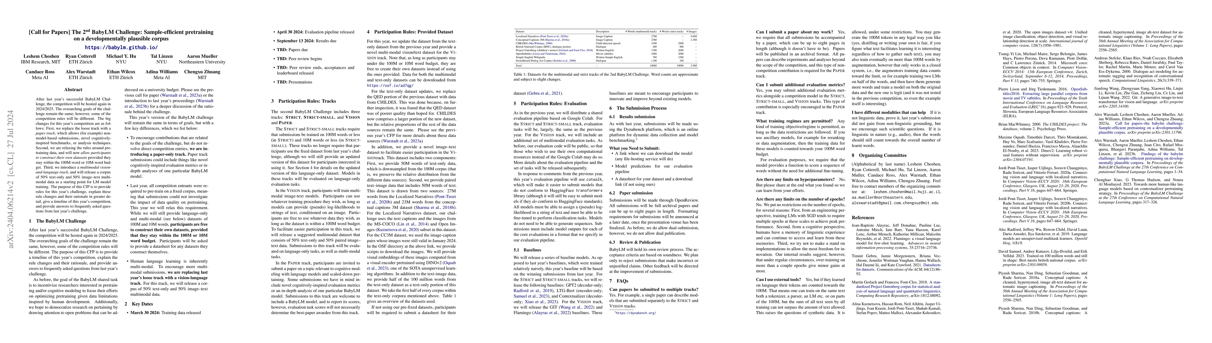 Thumbnail for [Call for Papers] The 2nd BabyLM Challenge: Sample-efficient pretraining
  on a developmentally plausible corpus