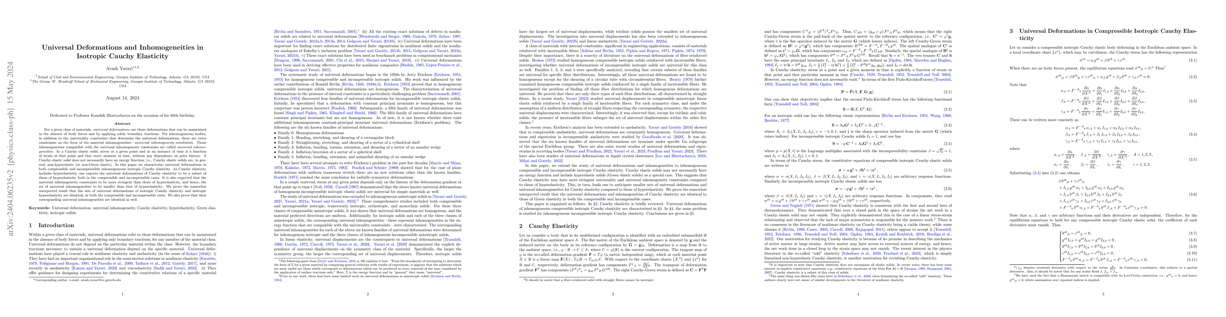 Thumbnail for Universal Deformations and Inhomogeneities in Isotropic Cauchy
  Elasticity