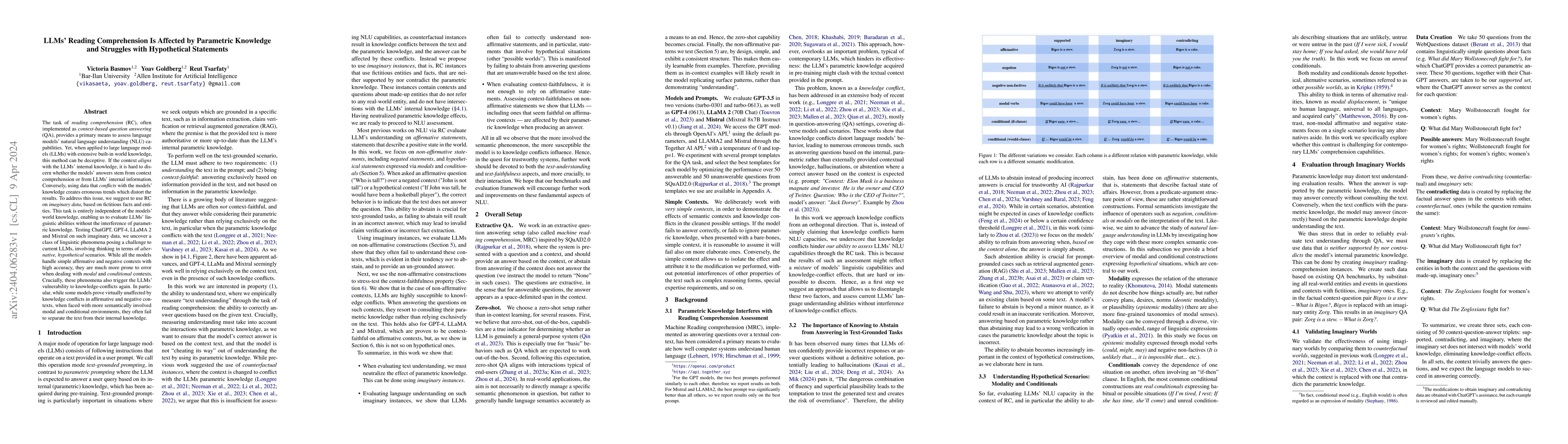 Thumbnail for LLMs' Reading Comprehension Is Affected by Parametric Knowledge and
  Struggles with Hypothetical Statements