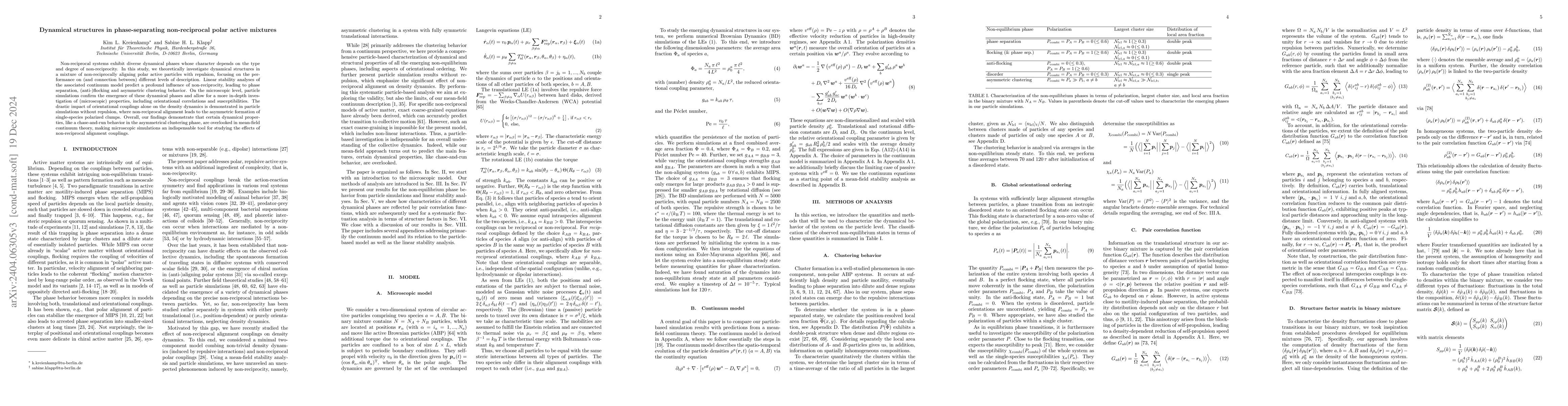 Thumbnail for Dynamical structures in phase-separating non-reciprocal polar active
  mixtures