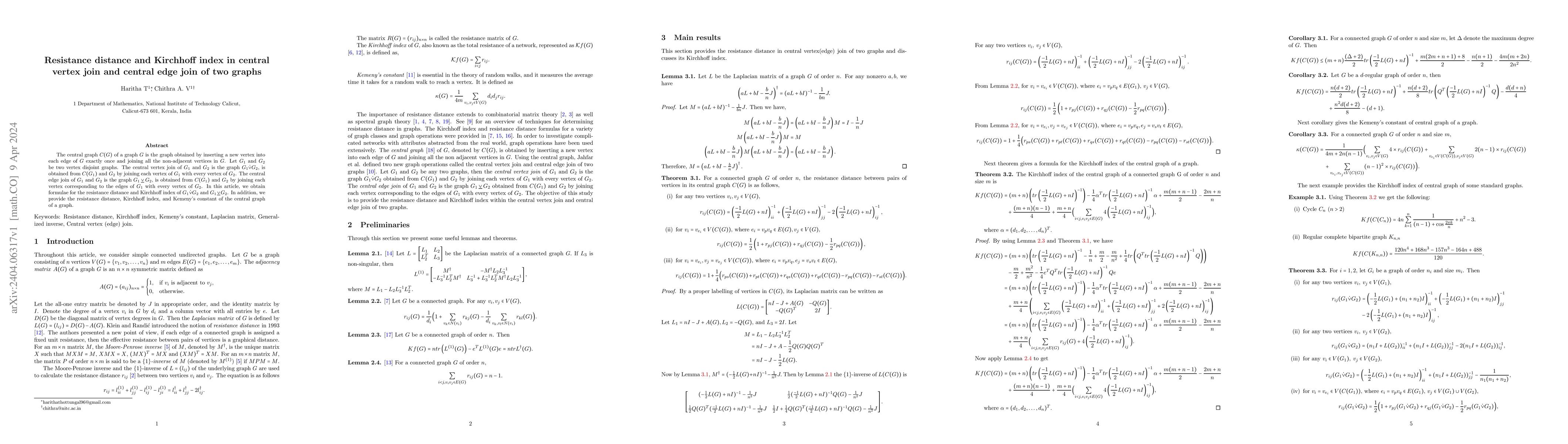 Thumbnail for Resistance distance and Kirchhoff index in central vertex join and
  central edge join of two graphs