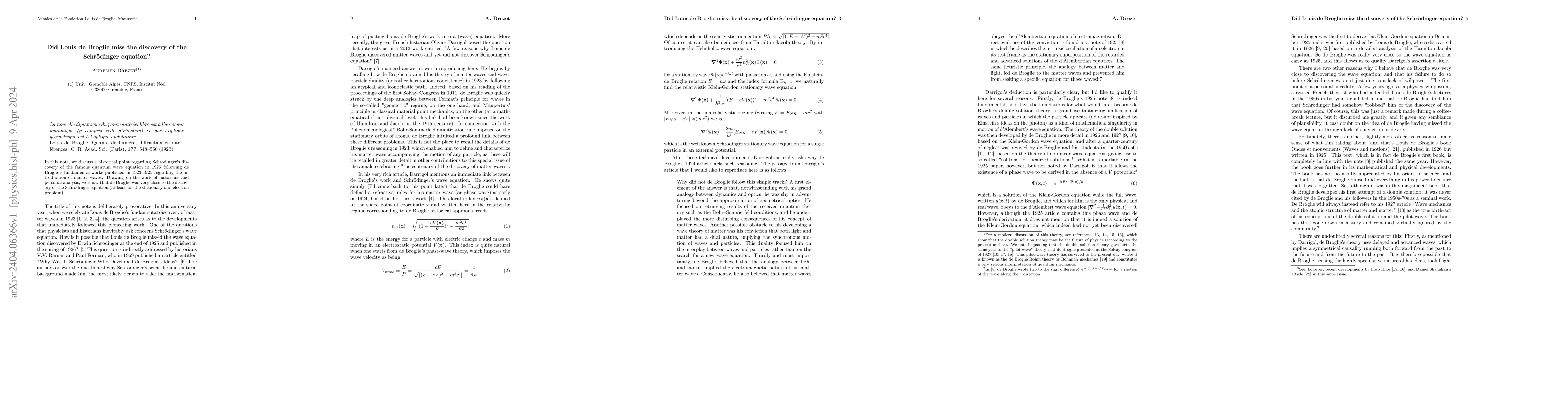 Thumbnail for Did Louis de Broglie miss the discovery of the Schr\"odinger equation?